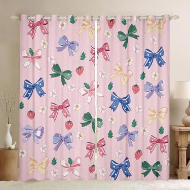 Imagem de Cortinas de janela coloridas com laço, cortinas de decoração de casa estilo princesa feminina, floral, morango, fruta, rosa, durável, para presentes infantis, 2 painéis, 96 cm L x 137 cm C