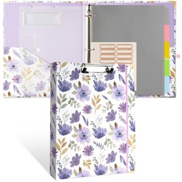 Imagem de WATINC 3 anéis de 2,5 cm para cartas, fichário de pranchetas com pasta de plástico, fichário de 5 abas, 18 adesivos divisórios, etiquetas de pasta de arquivo de capa dura, prancheta com bolsos para