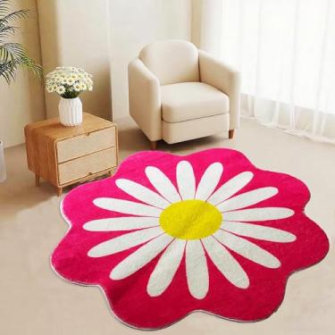 Imagem de Tapete redondo vermelho rosa lavável de 1,2 m, tapetes circulares macios em forma de margarida para berçário e meninas, lindo tapete floral redondo floral, antiderrapante, tapete circular para quarto