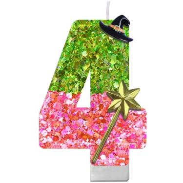 Imagem de Vela com número de aniversário com tema malvado – Vela de glitter rosa e verde com suporte para bolo | Decoração de festa mágica para meninas, adolescentes, fãs de teatro, amantes da Broadway