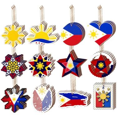 Imagem de Leinuosen Pacote com 36 enfeites de árvore de Natal filipina decorações em massa filipino parol bandeira filipina ornamentos de madeira tradicional capiz estrela decoração para árvore de Natal janela