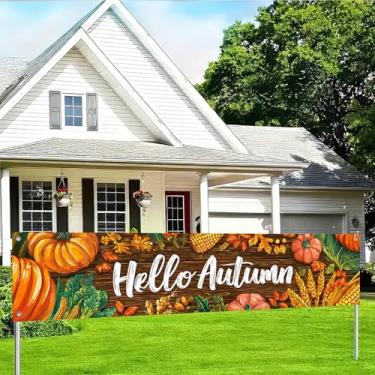Imagem de BlissYard Hello Autumn Decorações Banner 118x20 polegadas Tecido Poliéster Colheita Outono, Placa de Varanda Externa Design de Abóboras Folhas para Interior Exterior Jardim Cerca Banner Artigos de