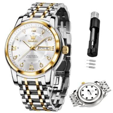 Imagem de OLEVS Relógio masculino pulseira de aço inoxidável impermeável 30 m calendário luminoso fragrância algodão para trabalho e ocasiões casuais popular, Ouro e branco - 5513x