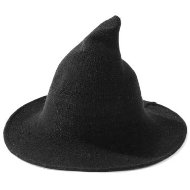 Imagem de Malaxlx Chapéu de bruxa preto para mulheres – Chapéu de fantasia de cosplay de lã pontiagudo de malha para festas de outono