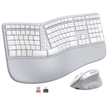 Imagem de MEETION Combo ergonômico para teclado e mouse, conjunto de teclado e mouse recarregáveis, teclado Ergo Split, mouse vertical sem fio, para Windows/Mac, cinza, branco