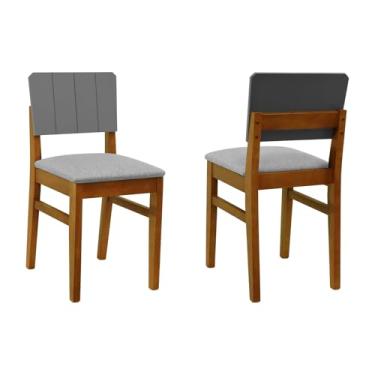 Imagem de Kit 2 Cadeiras Linhas Madeira Maciça Encosto MDF Laqueado Cinza - Amêndoa - Assento Estof. Linho Cinza Mescla Impermeável
