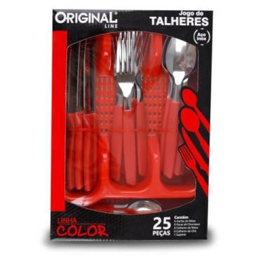 Imagem de Faqueiro Jogo De Talheres Inox 25 Peças Cabo Reforçado Com Suporte de Gaveta Vermelho