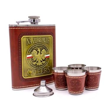 Imagem de Polart – Conjunto de frascos da Polônia – Conjunto em caixa de presente de aço inoxidável de Na Zdrowie – Cheers Republic of Poland (Rzeczpospolita Polska) Frasco de polimento e quatro copos de shot