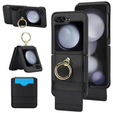 Imagem de Capa de telefone anelar para Samsung Galaxy Z Flip 6 5 4 3 Flip6 Flip5 Flip4 Flip3 5G com porta-cartão bolsa cordão capa de couro, preta, para Galaxy Z Flip 6