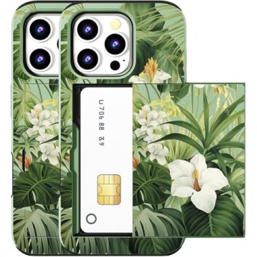 Imagem de MUQR Capa compatível com iPhone 15 Pro Max com porta-cartão fofo - Design Kawaii, proteção contra quedas de nível militar, capa carteira robusta para mulheres (folhas verdes de flores tropicais)