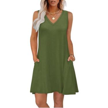 Imagem de Vestido WIHOLL Summer, solto, decote em V, sem mangas, verde, casual, 