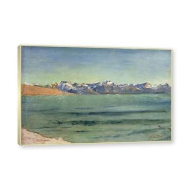 Imagem de Moldura de champanhe. Famosas pinturas a óleo, (nascer do sol sobre Mont Blanc) por Ferdinand Hodler, reprodução impressa em tela, arte de cenário para decoração de sala de estar. 40 x 60 cm - 15,8 x