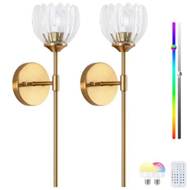 Imagem de Rnzziw Conjunto de 2 arandelas de parede vintage operadas por bateria, luzes de parede recarregáveis com lâmpadas RGB reguláveis e destacáveis, lâmpadas de parede LED sem fio para quarto, sala de
