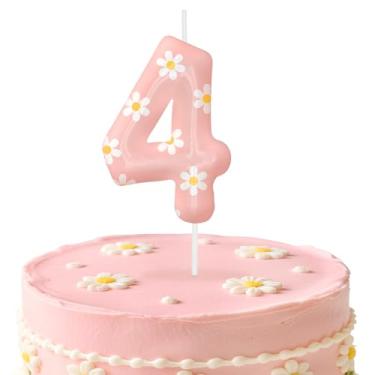 Imagem de Velas de aniversário rosa número 4, enfeite de bolo com tema de margarida para meninos e meninas, decorações de aniversário, suprimentos de festa, velas numéricas para decoração de festa