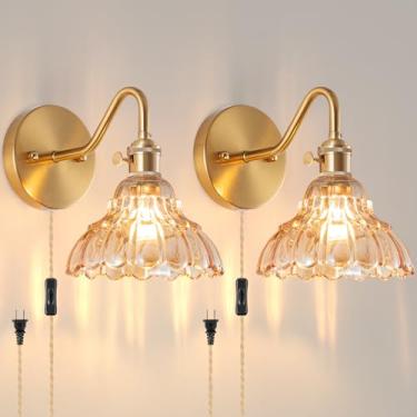 Imagem de EIDEARAY Arandela de parede plug-in (conjunto de 2), lâmpada decorativa de parede vintage com sombra de vidro âmbar, arandela de parede de latão para quarto, sala de estar, banheiro, corredor