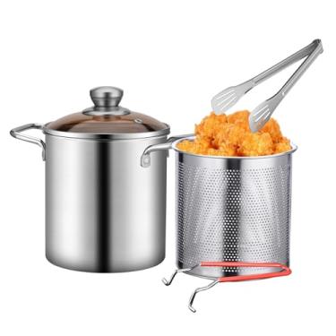 Imagem de Frigideira profunda, panela de fritura de aço inoxidável 304 com cesta e tampa de filtro, filtro de óleo de cozinha de grau alimentício, panela de fritura multifuncional para peixe, camarão, frango