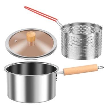 Imagem de Frigideira de aço inoxidável fritadeira de aço inoxidável com cesta panela de fritar portátil com tampa, economia de óleo, fritadeira pequena de gordura profunda para fritar peixe, camarão, frango e