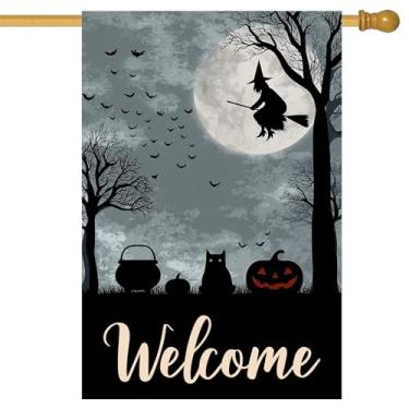 Imagem de BlissYard Bandeira de casa de boas-vindas bruxa na vassoura 71 x 101 cm bandeira decorativa de Halloween para jardim de outono para decoração de pátio de varanda ao ar livre bandeiras de casa sazonais