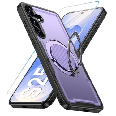 Imagem de Capa para Samsung Galaxy S24/S25 compatível com Mag-Safe, suporte de anel giratório 360, capa com suporte magnético, capa de telefone à prova de choque de grau militar, com protetor de tela, TPU e
