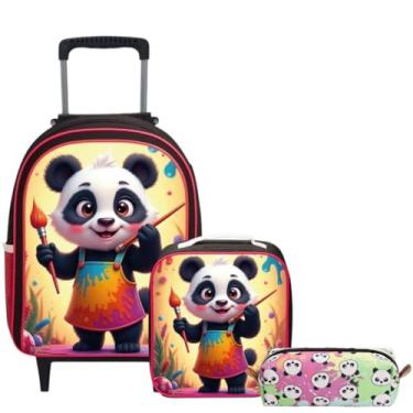 Imagem de Mochila de Rodinha Kit Escolar Infantil Estojo Lancheira Térmica Panda Resistente e Reforçada