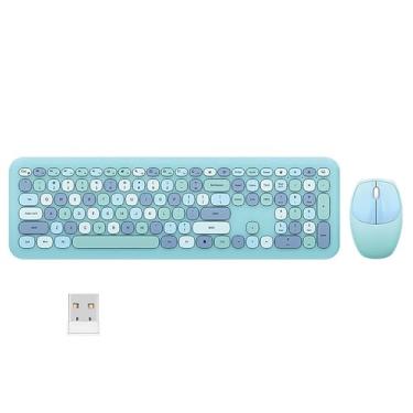 Imagem de Combo de teclado e mouse sem fio de tamanho completo, teclado de membrana silencioso fino e leve, lindas cores doces, sem fio USB de 2,4 G, compatível com notebook, PC (azul)