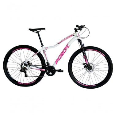 Imagem de Bicicleta Aro 29 Ksx Sd7 Feminina 21v Cabos Internos Alumínio Freios A Disco Garfo Suspensão Branco Rosa Tamanho 17