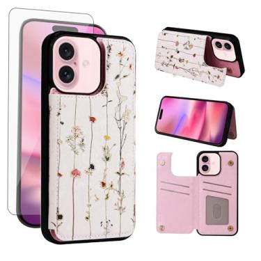 Imagem de Asuwish Capa de celular para iPhone 16 15.5 cm carteira com protetor de tela de vidro temperado flor de luxo porta-cartão de crédito suporte para cartão de crédito suporte i Phone16 i16 16 capa