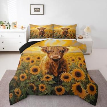 Imagem de Erosebridal Conjunto de edredom solteiro Highland Cow Decor com estampa de vaca de girassol, tema rústico, casa de fazenda, para meninos e meninas, crianças, conjunto de edredom com girassóis amarelos