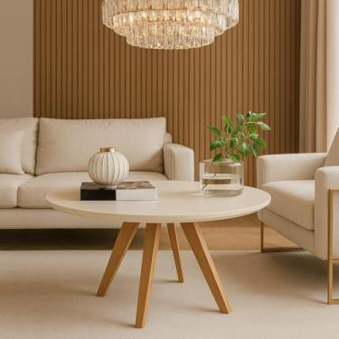Imagem de Mesa Centro Pé Madeira Redonda Luxo Sala Estar Jantar Recepção Escritório (Off White)