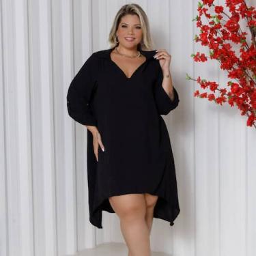 Imagem de Vestido Chamise Manga 3.4 Gola Polo Plus Size - Rosana Farcait, Preto,