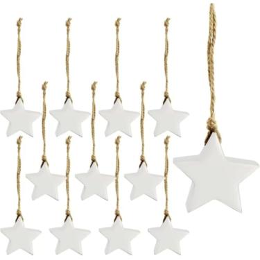 Imagem de Ornamentos de estrela de fazenda (pacote com 12, brancos); decoração de Natal de estrela de 5 cm de madeira com esmalte branco, estilo retrô vintage esmaltado
