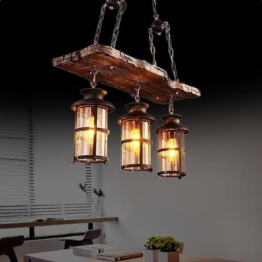 Imagem de Lustre de madeira vintage estilo industrial para mesa de jantar ilha de cozinha restaurante e bar luminária de teto retrô artesanal (3 lâmpadas)
