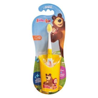 Imagem de Escova de dente macia infantil masha e o urso com copo - green
