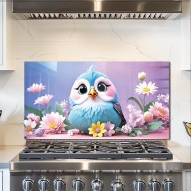 Imagem de fzxwyishu Backsplash de vidro temperado para cozinha, protetor de salpicos de fogão, design de pássaro fofo | Tábua de respingos resistente ao calor, decoração de parede de cozinha
