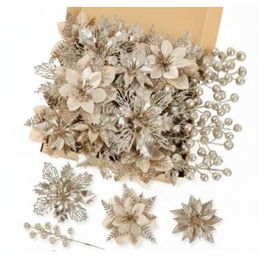 Imagem de Kit de flores artificiais de poinsétia de Natal e hastes de bagas com glitter, 24 peças, decorações de árvore de Natal, palitos florais, enfeites de enchimento de árvore de Natal para decoração de