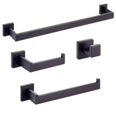 Imagem de Kit 4 Peças Banheiro Aço Inoxidável Premium Preto Fosco - Porta Toalha Banho 55cm, Porta Toalha Rosto 26cm, Papeleira e Gancho Multiuso | Design Moderno e Elegante