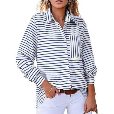 Imagem de Camisa elegante, listrada, com botões, decote em V, azul marinho - Ast