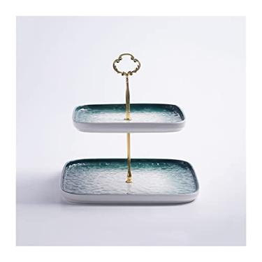 Imagem de Suporte de bolo com alças de metal, mesa quadrada de sobremesa, suporte de cupcake de cerâmica, bandeja removível para servir de pastelaria, suporte multiuso para exibição de cupcake (cinza grande