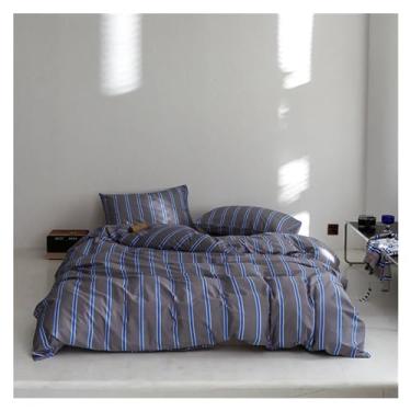 Imagem de Conjunto de capa de edredom com listras azuis cinza de algodão Queen King Size, roupa de cama e fronhas (uma cor solteiro)