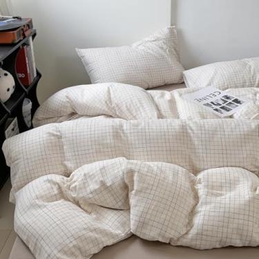 Imagem de DREAMINGO Conjunto de capa de edredom xadrez – tamanho Queen, decoração de quarto estética, moderno, conjunto de cama com listras coloridas, padrão quadriculado, capa de edredom de gaze de algodão