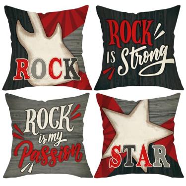 Imagem de Fjfz Rock is Strong Music Capas de almofada decorativas 45,7 x 45,7 cm Conjunto de 4, Vintage Rock is My Passion Guitar Star Porch Outdoor Home Decor, Retro Farmhouse Rustic Sofa Sofa Cushion Case
