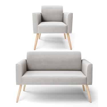 Imagem de Sofá Namoradeira com Poltrona Pés Palito Natural Marisa Veludo Cinza D03 - D'Rossi