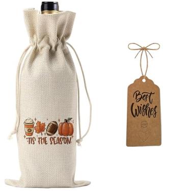 Imagem de Julont 1 bolsa de vinho Tis the Season Outono, presente de Ação de Graças para mulheres, homens, bolsa de vinho, com 1 cartão de bênção Kraft e corda de juta natural