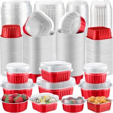 Imagem de Gejoy 200 peças de ramequins descartáveis com tampas de creme brulee ramekin copos quadrados de 10 e 142 g redondos 8 e forros de cupcake de 118 ml, molde de pudim de muffin, recipiente de sobremesa