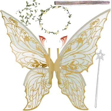 Imagem de Asas de fada para adultos e meninas, conjunto de fantasia de fada com guirlanda floral, enfeites de cabelo de fada, varinha e orelhas de elfo – 73,7 cm x 53,3 cm asas de borboleta de organza – Ideal