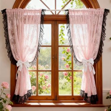 Imagem de Cortina transparente de renda floral rosa blush estilo princesa vintage com babados e acabamento em renda preta para decoração de quarto de filhas/berçário retrô trançado de malha de cozinha com bolso