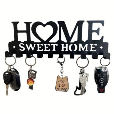 Imagem de Suporte de chave, ganchos de chave montados na parede, organizador de chaves de metal preto para entrada, porta da frente, cozinha, corredor, garagem, banheiro, escritório com 10 ganchos 25 cm