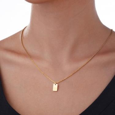 Imagem de Colar quadrado com inicial banhada a ouro, pingente não manchado em corrente fina, joia delicada personalizada para mulheres, F, Aço inoxidável, Sem Pedra Preciosa