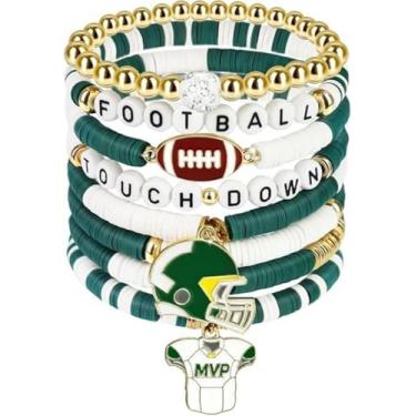 Imagem de KLSKLYL 【Conjunto de 8 peças de pulseiras Super Bowl】 Pulseiras com tema esportivo para dia de jogo – Conjunto de miçangas unissex de futebol, basquete, vôlei e beisebol, One Size, Argila de polímero