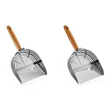 Imagem de Pá Peneira de Areia Coletora Higiênica Pet Gato Cachorro Lagarto Aço Inox - Areia Colher Varinha(buraco redondo)